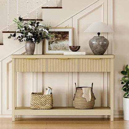 Lulive Fluted Console Table, 51 Inch Entryway Table with 3 Drawers | Scandi farmhouse look with quiet full-extension slides, open lower shelf, profile for hallway, entry, foyer or behind sofa.