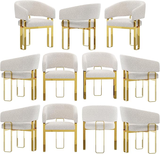 Boucle Dining Chairs, Off White Barrel Arm Chairs with U-Shaped Mirrored Gold Legs, Modern Side Chairs for Dining Table, Kitchen and Dining Room Restaurant Recepition,Set of 11
