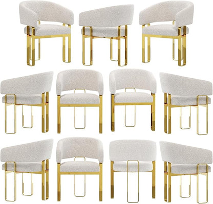 Boucle Dining Chairs, Off White Barrel Arm Chairs with U-Shaped Mirrored Gold Legs, Modern Side Chairs for Dining Table, Kitchen and Dining Room Restaurant Recepition,Set of 11