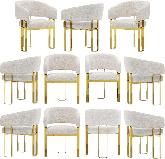 Boucle Dining Chairs, Off White Barrel Arm Chairs with U-Shaped Mirrored Gold Legs, Modern Side Chairs for Dining Table, Kitchen and Dining Room Restaurant Recepition,Set of 11