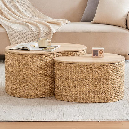 Cloud Nesting Coffee Table Set of 2 with Storage - Handwoven Wicker Rattan Ottoman Style, Boho Coastal Coffee Tables for Living Room, Rattan Coffee Table with Cover & Soild Wood Frame