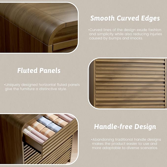 Dresser and Nightstand Sets for Bedroom, 3 Pcs Bedroom Set, Fluted 5 Drawer Dresser with Curved Profile and Night Stand Set of 2 with Charging Station, Wood Chest of Drawers, Walnut