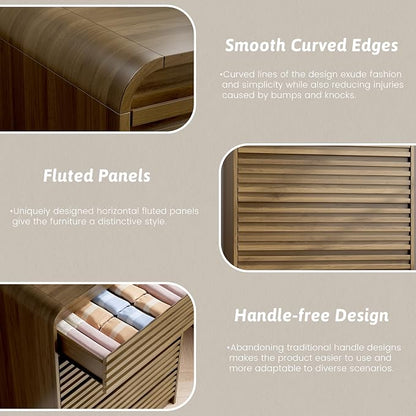 Dresser and Nightstand Sets for Bedroom, 3 Pcs Bedroom Set, Fluted 5 Drawer Dresser with Curved Profile and Night Stand Set of 2 with Charging Station, Wood Chest of Drawers, Walnut
