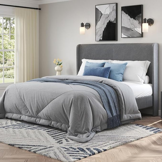AMERLIFE Full Bed Frame, Upholstered Platform Bed with Corduroy Headboard, Easy Assembly Modern Grey Bed Frame with Wooden Slats Support, No Box Spring Needed