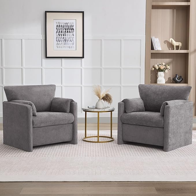 Oversized Accent Chair for Living Room, 32.68" Modern Armchair Set of 2 with Deep Seat, Mid-Century Comfy Reading Chair with Padded Arms, Large Chenille Single Sofa Chairs for Bedroom, Light Grey