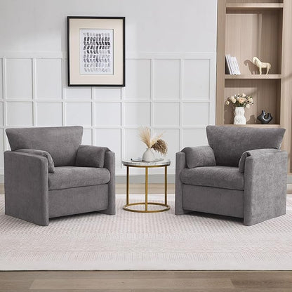 Oversized Accent Chair for Living Room, 32.68" Modern Armchair Set of 2 with Deep Seat, Mid-Century Comfy Reading Chair with Padded Arms, Large Chenille Single Sofa Chairs for Bedroom, Light Grey