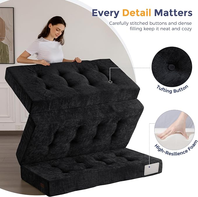 MAXYOYO 6" Folding Sofa Bed for Floor, Tufted Tri-Fold Floor Mattress with Chenille Fabric, Full Size Portable Sofa Couch Guest Mat for Adults, Foldable Topper for Camping, Black, 53"x75"