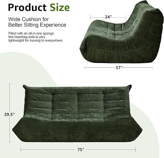 Hobestluk Giant Bean Bag Chair Faux Fur BeanBag Couch for Living Room | Green Chenille, 3-Seater,Ergonomic Design,Memory Foam,Anti-slip Bottom,No Assembly Required,Decorative Style for Living Room