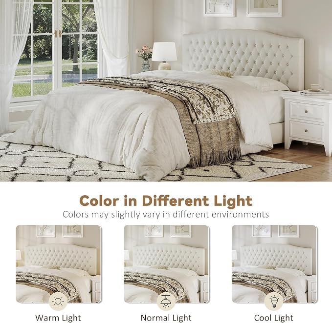 King Headboard Only, Upholstered Headboard King Size for Adjustable Bed Linen Tufted Wall Mounted Head Board with Solid Wood Legs, Ivory