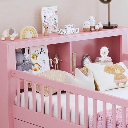 Kids Twin Size Bed Frame with Storage Drawers and Bookcase,Wood Twin Bed Frames for Kids,Twin Bed Frame with Headboard and Footboard for Boys Girls,No Box Spring Needed,Pink