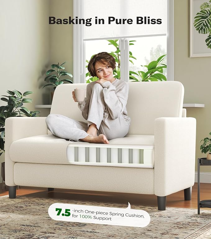 Welzona Loveseat, 51" Small Couch, Comfy Teddy Love Seat for Living Room, Tool-Free Setup Loveseat Sofa for Small Spaces, All-Wood Small Sofa Couch for Bedroom, Beige