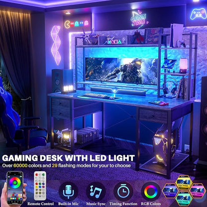 Aheaplus Desk with LED and Outlets, Gaming Desks with Hutch, 55.2'' Computer Desk with Drawers, Reversible Office Desk with Storage Bookshelf Large Workstation with Shelf, Desk for Home, Black Oak
