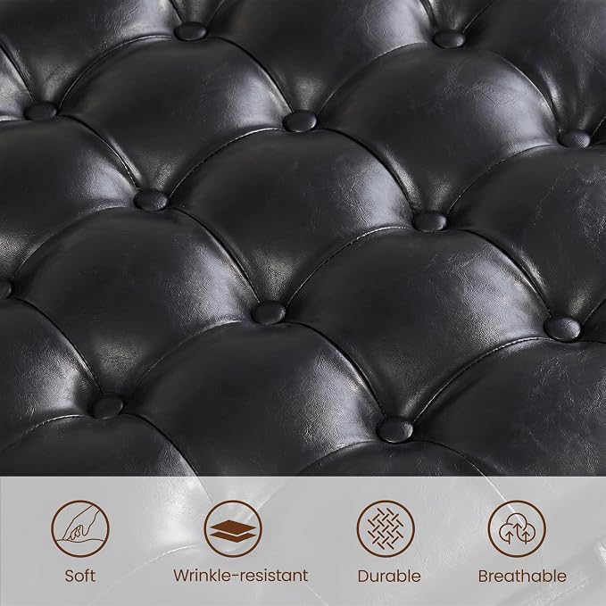 24 Inch Square Storage Ottoman Coffee Table, Modern Tufted Upholstered Ottoman with Flip Tray and Solid Wood Legs, Suitable for Living Rooms, Faux Leather Black
