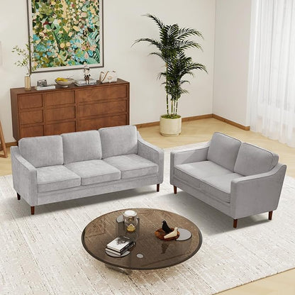 Kingfun Couch Sets for Living Room, 3 Seater Couch and Loveseat, Mid Century Modern Sofa Set, Chenille Couch with Solid Wood Frame for Bedroom