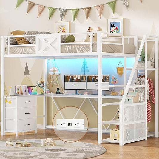 Itaar Stairway Twin Size Loft Bed with L Shaped Desk and Wardrobe, Metal Loft Bed Frame with Storage Stairs, 3 Fabric Drawers, LED Lights & Charging Sation (White, Twin)