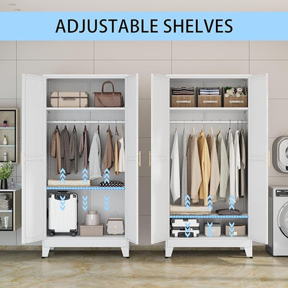 erosoei 71 "Metal Armoire Wardrobe Closet, Steel Clothing Storage Cabinet with Adjustable Shelves and Hanging Rod, Household Steel Wardrobe Storage Cabinet with Adjustable Standing feet (White)