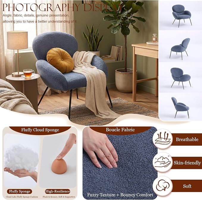 Small Accent Chair Set of 2,Sherpa Chair with Love Back, Boucle Chairs with Metal Legs, Comfy Modern Reading Chairs/Sherpa Accent Chair with Thick High-Elastic Sponge/Cream Style Room (Blue)