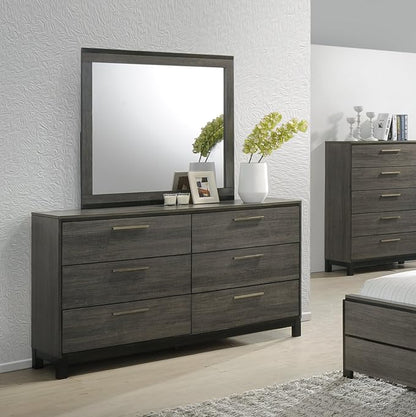Roundhill Furniture Ioana 187 Antique Grey Finish Wood Bed Room Set, Queen Size Bed, Dresser, Mirror, Night Stand, Chest