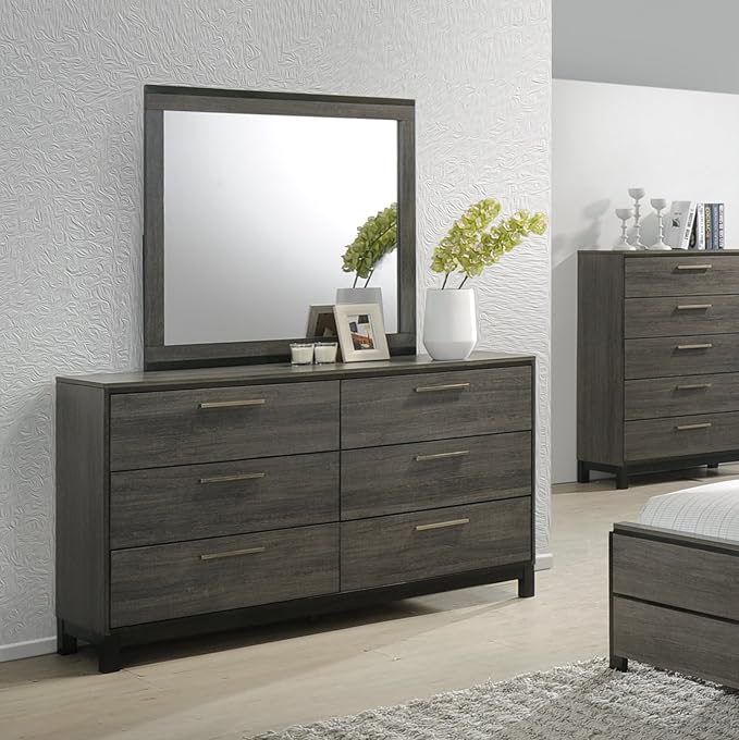 Roundhill Furniture Ioana 187 Antique Grey Finish Wood Bed Room Set, King Size Bed, Dresser, Mirror, Night Stand, Chest