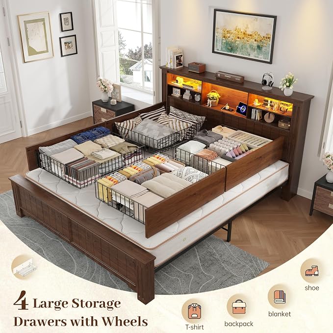 EnHomee Queen Bed Frame with 4 Storage Drawers and Headboard,LED Lights & Charging Ports,Wooden,No Box Spring Needed for Apartment,Heavy-Duty Structure,Noise-Free,Brown
