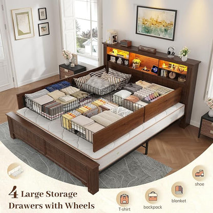 EnHomee Queen Bed Frame with 4 Storage Drawers and Headboard,LED Lights & Charging Ports,Wooden,No Box Spring Needed for Apartment,Heavy-Duty Structure,Noise-Free,Brown