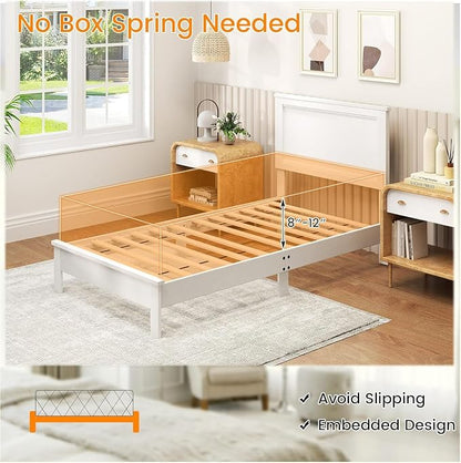 Wood Bed Frames with Headboard, Mid Century Bed Frame with Solid Wood Legs & Wooden Slat Support, Mattress Foundation Bed Base, No Box Spring Needed, (White, Twin)