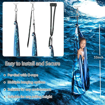 Sensory Swing for Kids Indoor & Outdoor Double Layer Therapy Cuddle Swing with 360° Swivel Hanger Kit Adjustable Swings for Child and Adult with Aspergers Autism (Ice Teal)