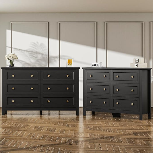 Farmhouse Dresser Nightstand Sets, 2-Piece Bedroom Furniture Set for Home | 6 Drawer Dresser Closet set of 2, Chest of Drawers for Bedroom, Living Room, Entryway, Black