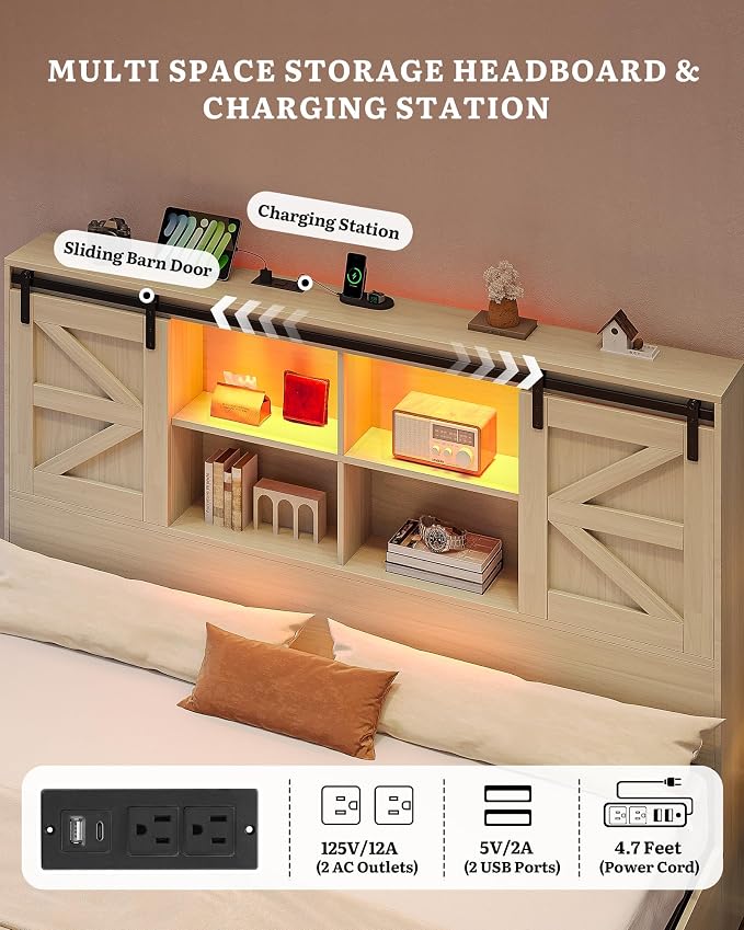DWVO Farmhouse King Size Bed with 50" Tall Storage Bookcase Headboard, Sliding Barn Door, 4 Storage Drawers, RGB LED Bed Frame w/Type-C&USB Charging Station, No Box Spring Needed, Antique White