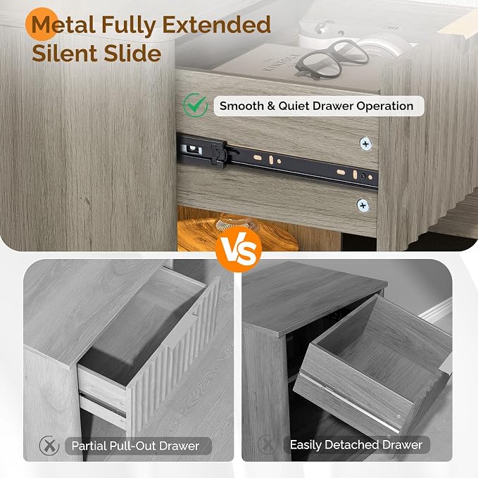VINGLI Night Stand with Charging Station & Led Light, 19" W Fluted Nightstand Round Edge, Wood Nightstand Mid Century Modern End Table, Bed Side Table for Bedroom, Living Room, Gray Oak