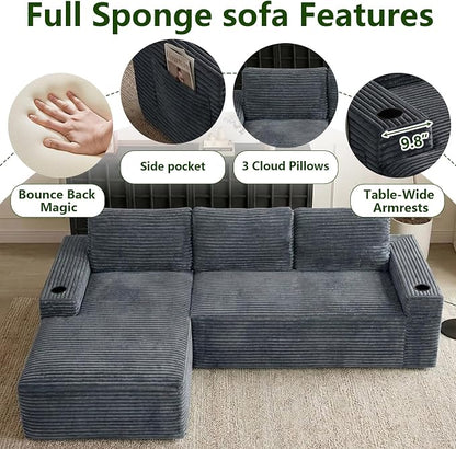 104.3" Modular Sectional Sofa,Modern Corduroy Cloud Couch with Cup Holder & Side Pockets,Boneless Couch Upholstered 3-Seater L-Shaped Sofa for Living Room,No Assembly (Dark Grey, Left-Facing Chaise) | with Cup Holder