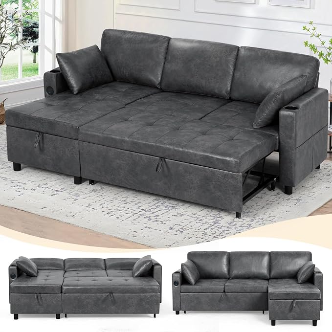 84 inches Suede Leather Sleeper Sofa w/Pull Out Bed, L-Shape Sectional Sofa Bed w/Adjustable Backrest and Storage Chaise, 3-Seats Upholstered Sofa Bed w/USB Port for Living Room, Grey