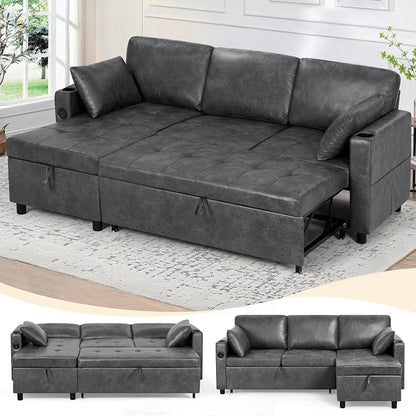 84 inches Suede Leather Sleeper Sofa w/Pull Out Bed, L-Shape Sectional Sofa Bed w/Adjustable Backrest and Storage Chaise, 3-Seats Upholstered Sofa Bed w/USB Port for Living Room, Grey