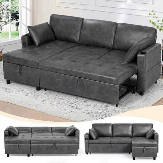 84 inches Suede Leather Sleeper Sofa w/Pull Out Bed, L-Shape Sectional Sofa Bed w/Adjustable Backrest and Storage Chaise, 3-Seats Upholstered Sofa Bed w/USB Port for Living Room, Grey