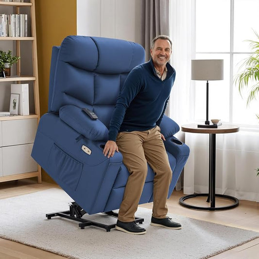 MCombo Power Lift Recliner Chair with Extended Footrest for Elderly People, Faux Leather 7287 (Navy Blue, Medium)