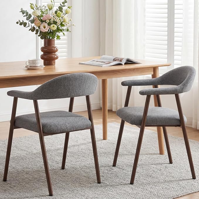 DUMOS Dining Chairs Set of 2, Linen Fabric Upholstered Kitchen Side Chairs with Curved Backrest & Metal Legs, Modern Farmhouse Accent Chair for Dining Room Kitchen Living Room Cafe, Gray