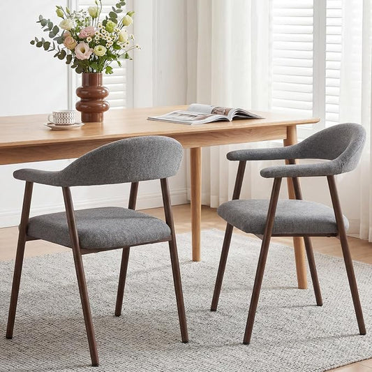 DUMOS Dining Chairs Set of 2, Linen Fabric Upholstered Kitchen Side Chairs with Curved Backrest & Metal Legs, Modern Farmhouse Accent Chair for Dining Room Kitchen Living Room Cafe, Gray