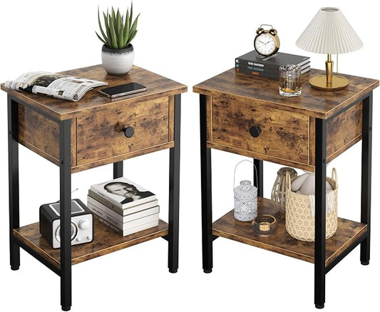 Nightstands Set of 2 with Wood Drawers, Bedside Table Set of 2 with Storage Shelf, Heavy Duty End Side Table for Bedroom Living Room Bedroom Small Space Sofa Couch, Wooden Metal Night Stand, Black