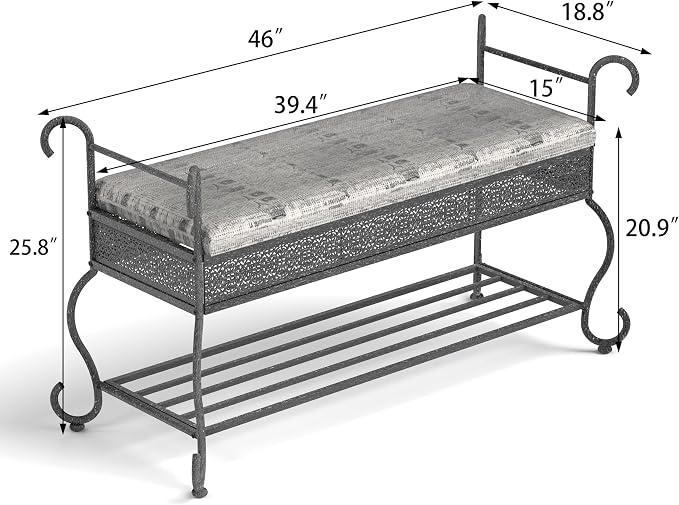 Bluecat 46" Entryway Shoe Bench,Vintage Wrought Iron Shoe Rack Bench with Padded Cushion, Heavy Duty Metal Shoe for Hallway, Foyer, Farmhouse Industrial Decor, Easy Assembly