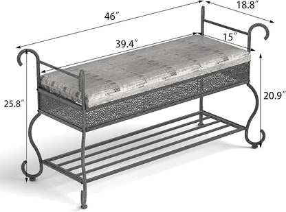 Bluecat 46" Entryway Shoe Bench,Vintage Wrought Iron Shoe Rack Bench with Padded Cushion, Heavy Duty Metal Shoe for Hallway, Foyer, Farmhouse Industrial Decor, Easy Assembly