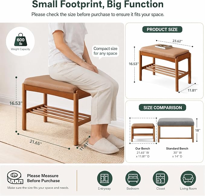Solid Wood Shoe Bench (Assembled), 600lb Weight Capacity, Durable Cloud-Soft Leather Upholstered Entryway Bench for Entryway, Hallway, Living Room, Bedroom,11.8"x23.6"x16.5", Walnut