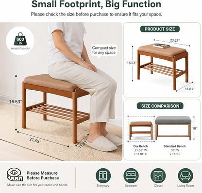 Solid Wood Shoe Bench (Assembled), 600lb Weight Capacity, Durable Cloud-Soft Leather Upholstered Entryway Bench for Entryway, Hallway, Living Room, Bedroom,11.8"x23.6"x16.5", Walnut