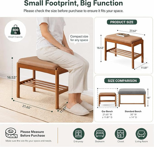 Solid Wood Shoe Bench (Assembled), 600lb Weight Capacity, Durable Cloud-Soft Leather Upholstered Entryway Bench for Entryway, Hallway, Living Room, Bedroom,11.8"x23.6"x16.5", Walnut