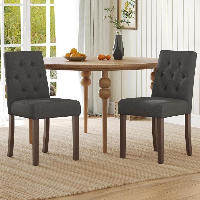 Upholstered Dining Chairs Set of 2 - Modern Parsons Kitchen & Dining Room Chair with Diamond Tufted Back, Solid Wooden Legs for Apartment, Café, Vanity