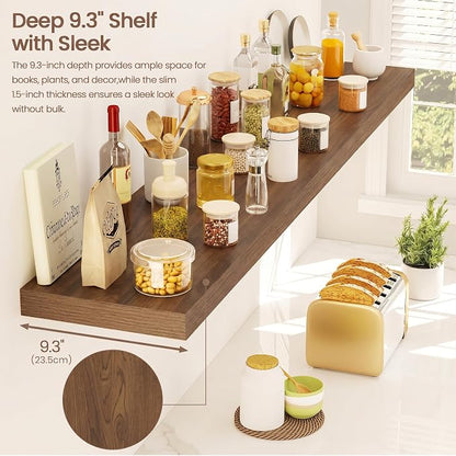 Vivelove Walnut Floating Shelves 48 Inches Long, Wall Display Shelves with Invisible Brackets, for Bathroom Living Room Kitchen Bedroom Office Farmhouse Home Decor, 48x9.3X 1.5 - Set of 2, Walnut