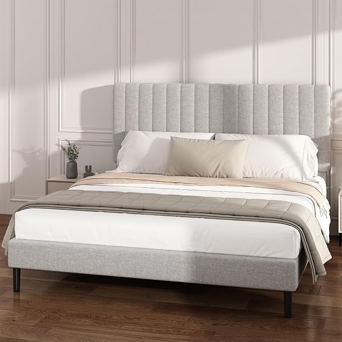 Queen Size Platform Bed Frame with Vertical Channel Tufted Headboard, No Box Spring Needed, Noise-Free, Easy Assembly, Light Grey Linen