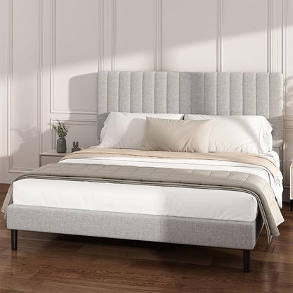 Queen Size Platform Bed Frame with Vertical Channel Tufted Headboard, No Box Spring Needed, Noise-Free, Easy Assembly, Light Grey Linen