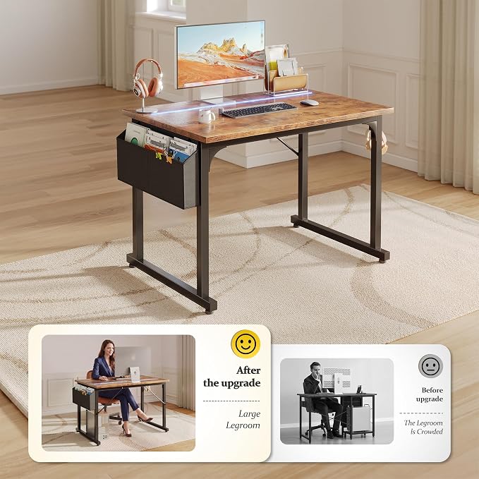 DurayLoly 32" Computer Desk with Waterproof LED Lights,Bedroom Study Desk for Teens,Dorm Room Essentials,Headphone Hook&Storage Bag for Small Spaces,Sturdy Metal Frame,Rustic Brown