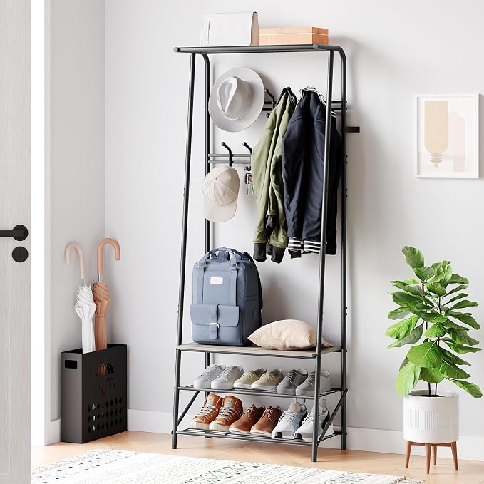Jojoka Coat Rack Hall Tree with Shoe Storage Bench, 4-in-1 Entryway Organizer with 10 Hooks & 3-Tier Shoe Rack, Sturdy Metal Frame Freestanding Storage Unit for Hallway (Grey-Double Row, 25.2in)