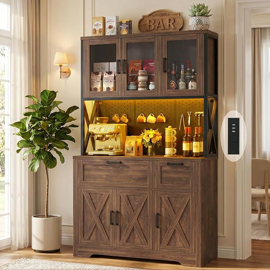 Unikito 71" Tall Pantry Cabinet, Kitchen Pantry Storage Cabinet with Charging Station & LED Lights, Large Microwave Stand Coffee Bar Hutch with Drawers & DIY Pegboard for Dining Room, Weathered Brown